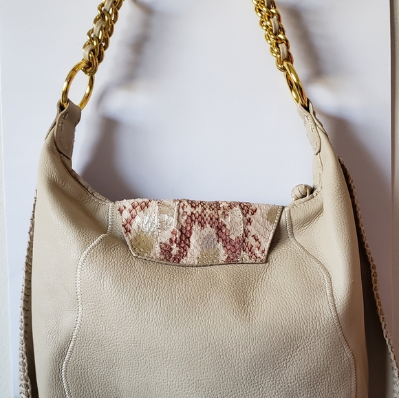 CHI Carlos Falchi Tan Leather and Snakeskin Handba - Picture 4 of 8